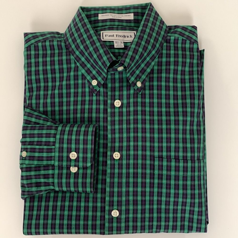 Paul Fredrick Men's Violet Green Checkered Two-Ply Cotton Shirt Size 16,5-36